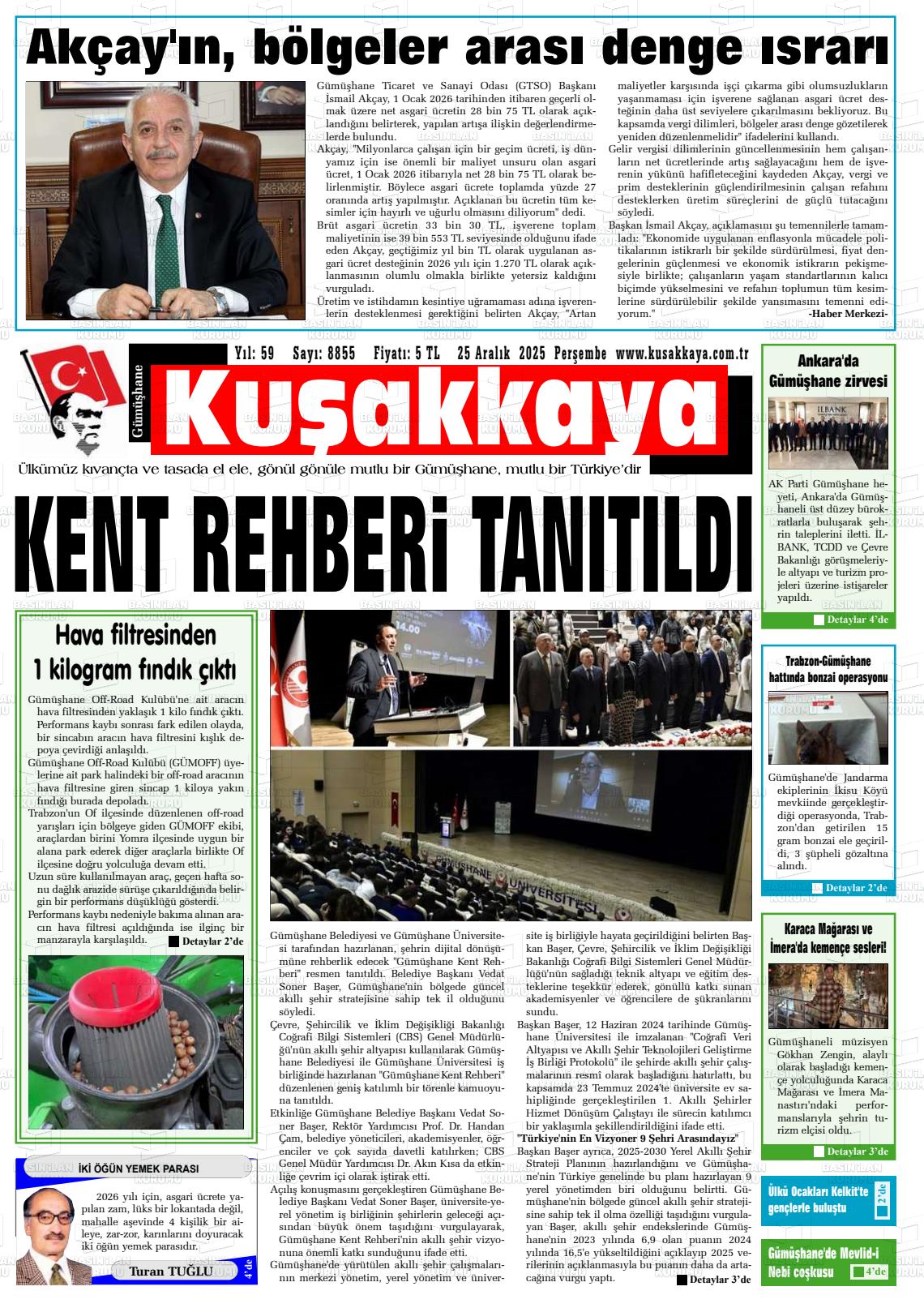 25 Aralık 2025 - Perşembe tarihli KUŞAKKAYA gazetesi ilk sayfası