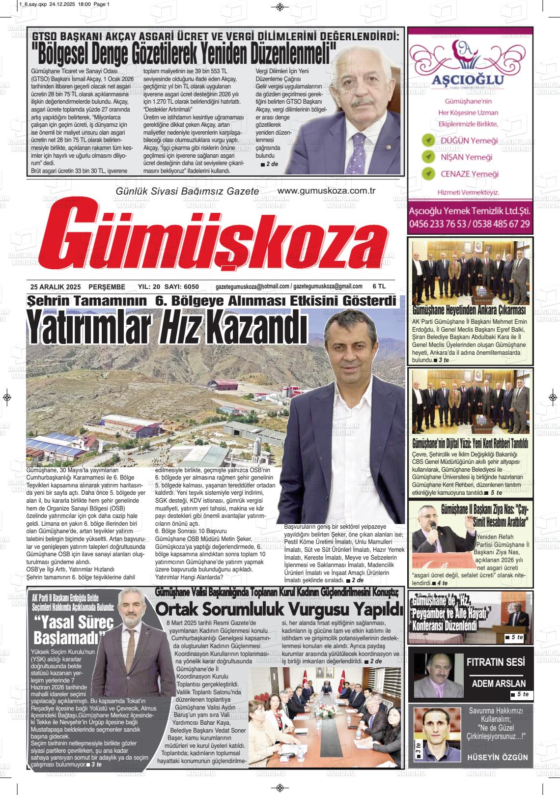 25 Aralık 2025 - Perşembe tarihli GÜMÜŞKOZA gazetesi ilk sayfası