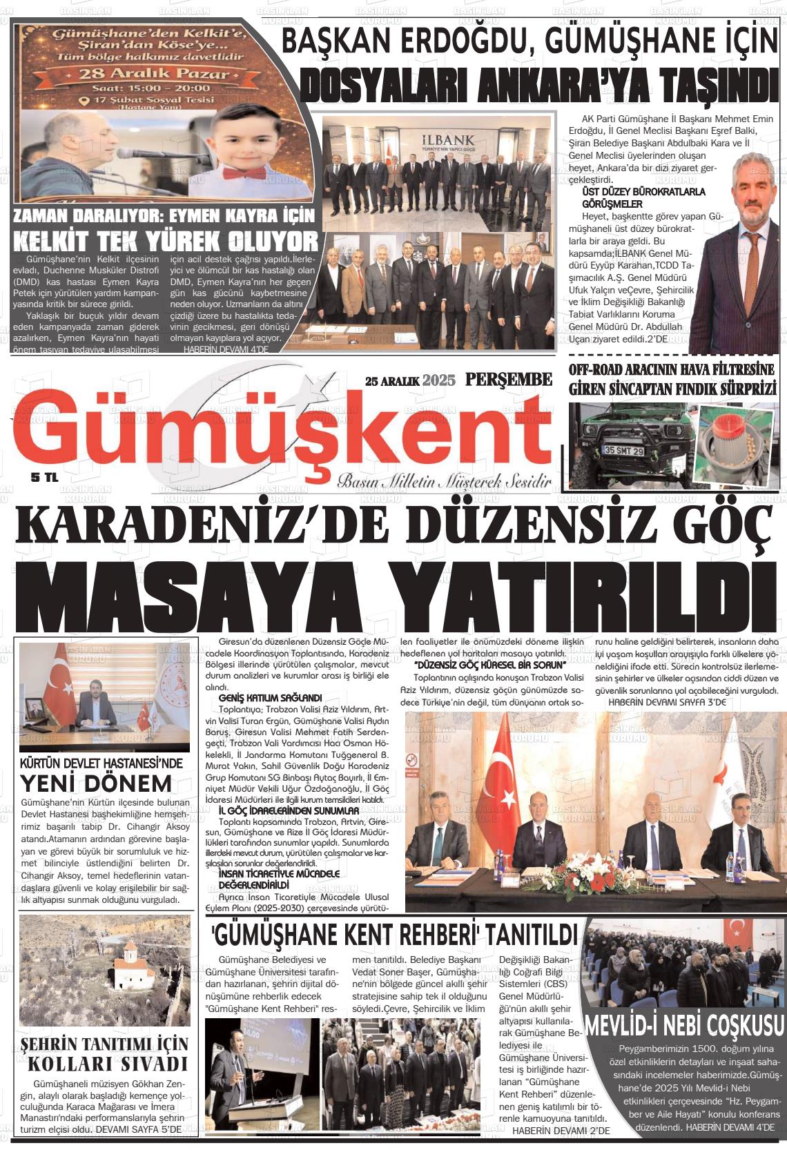 25 Aralık 2025 - Perşembe tarihli GÜMÜŞKENT gazetesi ilk sayfası