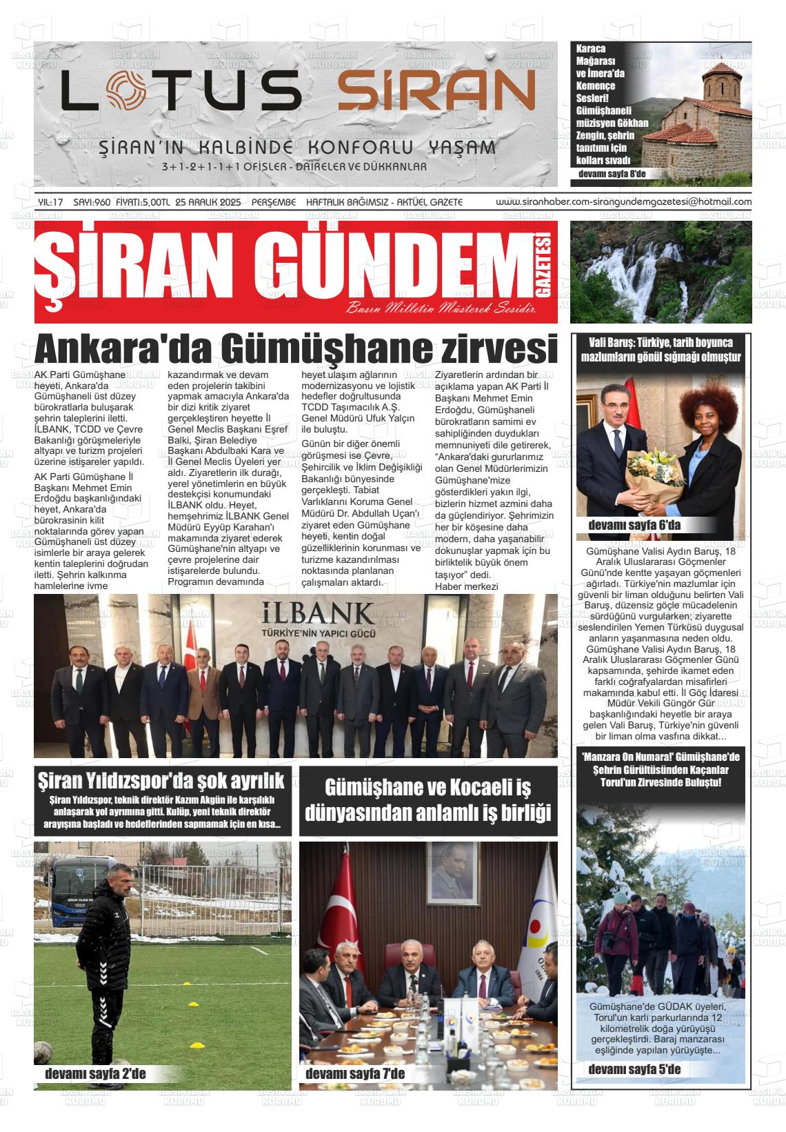25 Aralık 2025 - Perşembe tarihli ŞİRAN GÜNDEM gazetesi ilk sayfası