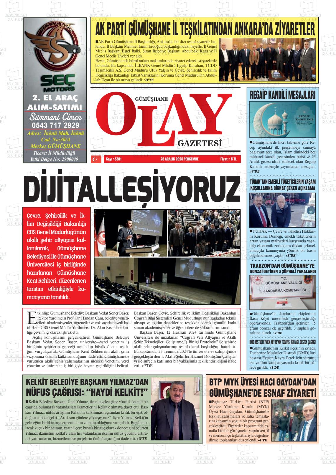 25 Aralık 2025 - Perşembe tarihli GÜMÜŞHANE OLAY gazetesi ilk sayfası
